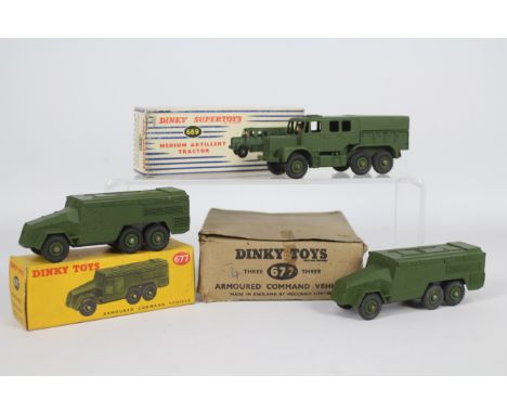 Dinky - 3 x Military vehicles two of which are boxed and one is loose, # 677 Armoured Command Vehicle x 2 and # 689 Medium Ar