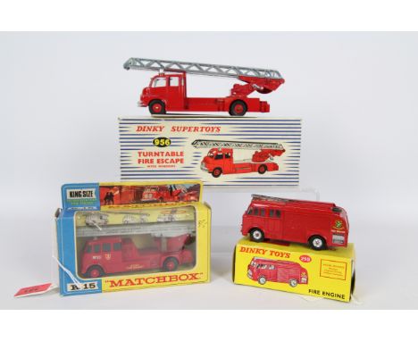 Dinky Toys, Matchbox - Three boxed diecast Fire Appliances. Lot consists of Dinky Toys #956 Turntable Fire Escape with Window