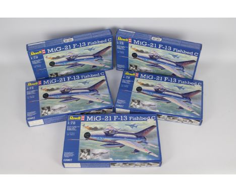 Revell - Five boxed 1:72 scale Revell #03967 MiG-21 F-13 Fishbed C plastic model aircraft kits. Kits appear Mint in Factory S