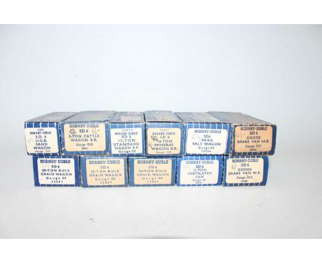 Eleven Hornby-Dublo SD6 wagons, plastic wheels, all blue &amp; white striped boxes, all (NM-M-BE): one each cattle, ventilate