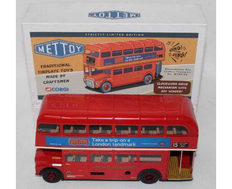 A Corgi Toys Mettoy re-issue tin plate and clockwork limited edition London Transport bus, fitted with clockwork mechanism an