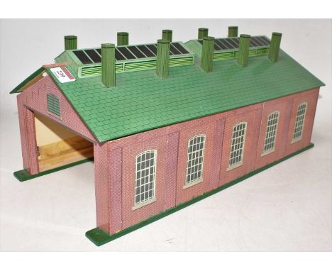 A very well made repro Hornby No.2 Engine Shed, made from wood and card using computer generated printing, no doors or base (