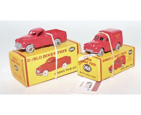 Two Dublo Dinky Toys, to include 068 Royal Mail Van, grey tread wheels (M-BNM) and No.065 Morris Pick-Up, grey smooth wheels 