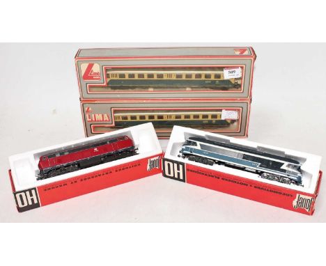 A Jouef H0 scale SNCF blue and white Co-Co diesel locomotive together with a DB diesel in a Jouef box, maker unknown, also so