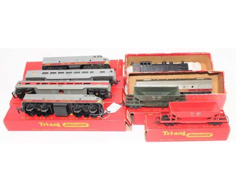 Eight Triang TC items: R56 4-6-4 tank loco black No.4830 (E-BVG); R55 diesel electric loco, silver cab; R57 dummy ‘A’ unit si