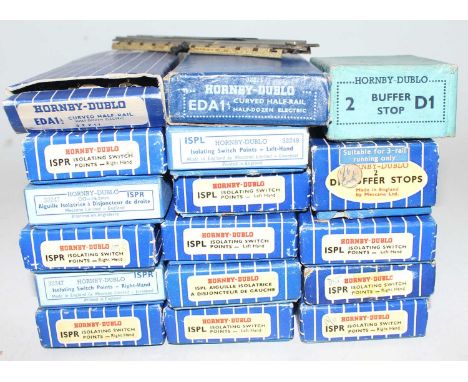 Hornby Dublo Track, all boxed, 6x 1/2 curves, 6x 1/2 straights, 6x Isolating L/H Points, 5x R/H isolating points, with 2 R/H 