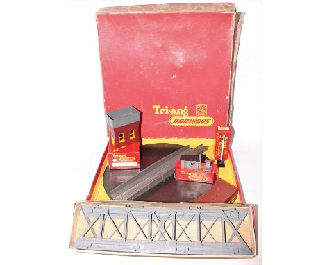 Tray containing Triang accessories: R78 girder bridge (E-BE); R75 water tower (E-BE); R43D single arm distant signal (E-BE); 