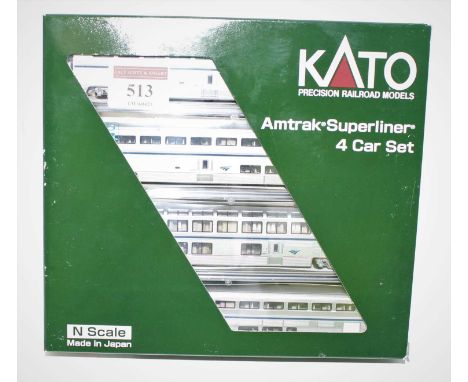 A Kato N gauge No. 106-3516 model of an Amtrak Superliner Phase IVB4 car set, appears as issued and housed in the original wi