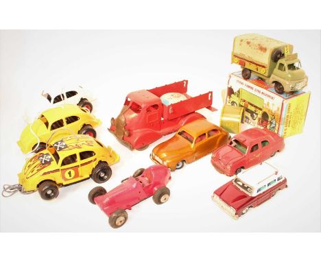 Mettoy, Welsotoys and others examples to include a Welsotoys GPO repair lorry, a Chad Valley Harborne car finished in gold, t