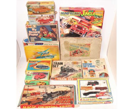 Two boxes containing a large quantity of various tinplate and plastic vehicles, children's toys, train sets etc, mixed exampl