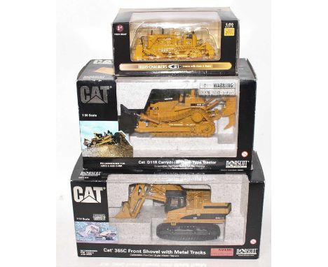 A Norscot and First Gear 1/50 scale Caterpillar and Allis Chalmers construction vehicle group, three boxed examples to includ