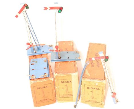 3 Hornby Single Arm control signals, 2x Home and 1x Red Distant, blue base, ladders and flat top, red levers, one ladder miss