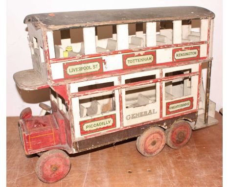 Early 20th Century wooden constructed model of a 6 wheel General Omnibus Company Double Deck Bus, finished in red, white, and