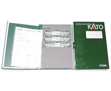 A Kato N gauge model No. 1068702 Chicago Metra Bi-level gallery commuter train three car set, housed in the original card dis