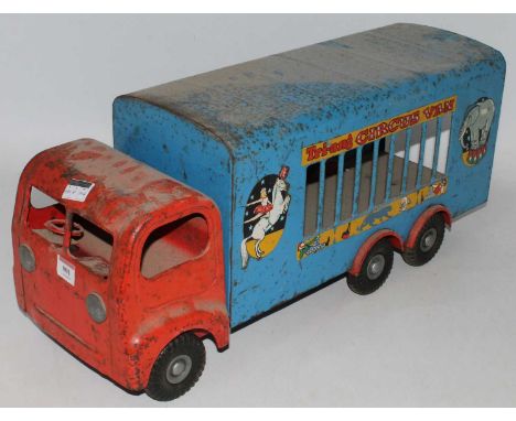 Triang large Circus Van, in blue and red in played with condition, needs cleaning. (F)