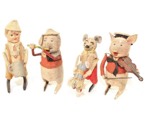 Four various early early 20th century Schuco tinplate and soft covered animals to include pig playing violin, mouse swinging 