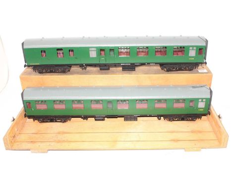 Gauge 1 Model Company coach group, 2 examples both Southern region to include S24547 and S34290, both housed in a wooden carr