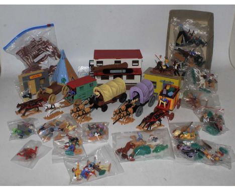 Timpo Toys, large group unboxed wild west figures and accessories , includes 5x wagons and horses all items very clean and in