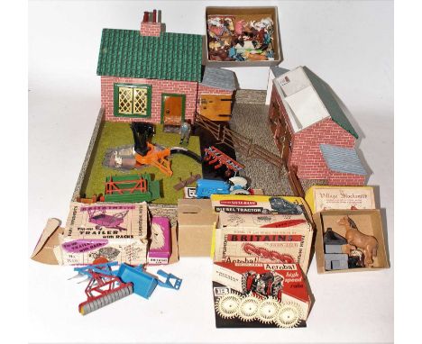 A 1960s hand made wooden and paper farm diorama, sold with a quantity of various Britains and similar plastic farm miniatures