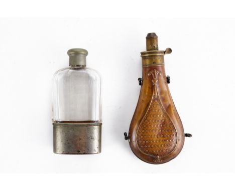 A 19TH CENTURY COPPER &amp; BRASS POWDER FLASK with embossed trellis design, stamped G &amp; JW HAWKSLEY, Sheffield and an Ed