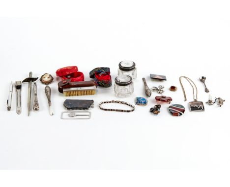 A BOX OF SUNDRY JEWELLERY including white metal BROOCHES, a moustache BRUSH, stamped 800, a pair of ROUGE POTS with sterling 