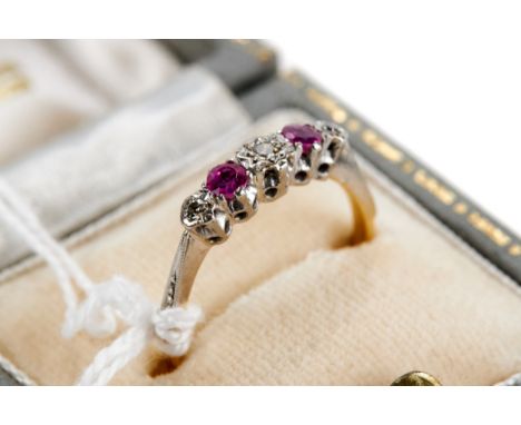 AN 18CT YELLOW GOLD AND PLATINUM FIVE STONE RUBY AND DIAMOND RING, size O, approximately 2.0 grams.   