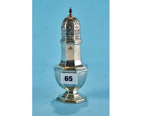 A GEORGE V OCTAGONAL VASE FORM SILVER SUGAR CASTER with slip on pierced cover, maker: EV, Sheffield 1933, approximately 175 g