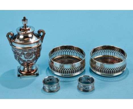 A 19TH CENTURY SHEFFIELD PLATED URN-SHAPED TEA CADDY AND COVER with ribbon and swag decoration 6 1/2 ins high, a pair of foli