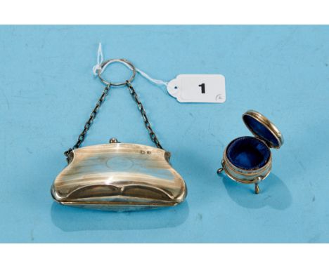 A GEORGE V LADY'S SILVER EVENING PURSE of shaped outline with a chain handle, maker: FD Birmingham 1919 and a small circular 