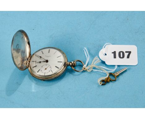 JACOT &amp; SON, LOCLE, NO 38002, A WHITE METAL HUNTER CASED KEYWIND POCKET WATCH, enamel dial with subsidiary seconds, stamp