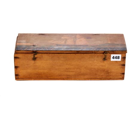 A VINTAGE RECTANGULAR PINE BOX painted with a schooner in full sail and inscribed "SIMONE, Cpt R Mann", 13 ins x 5 ins.   