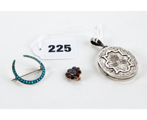 A 19TH CENTURY GARNET AND HAIR SET MEMORIAL BROOCH, a Continental white metal turquoise set crescent BROOCH and an oval Victo