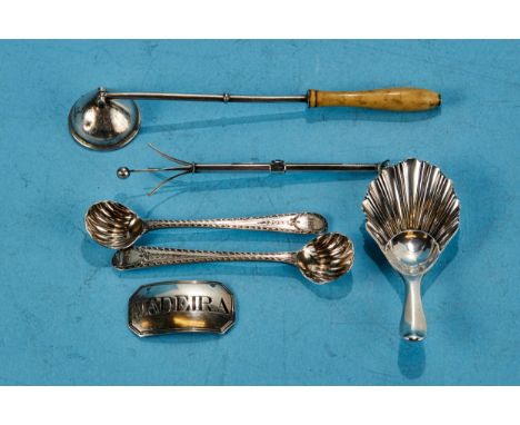 A 19TH CENTURY WHITE METAL CANDLE SNUFFER with ivory handle (no hallmarks), a shell bowl CADDY SPOON, Sheffield 1904, pair of