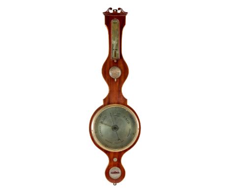 C MARINONE, A 19TH CENTURY MAHOGANY AND BOXWOOD BANJO BAROMETER, 10 ins silvered dial with hygrometer, thermometer (tube a.f)