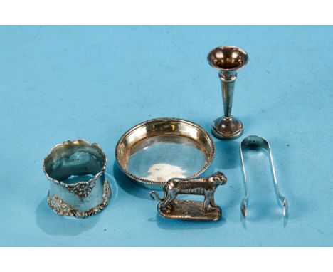 A SMALL  CIRCULAR COASTER, maker: E&amp;CO, Birmingham 1928, a pair of plain silver SUGAR TONGS, Birmingham 1910, a foliate s