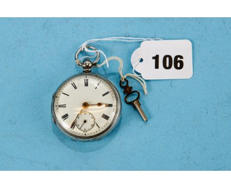 A VICTORIAN SILVER KEYWIND OPEN FACE POCKET WATCH with white enamel dial and subsidiary seconds, London 1857.   