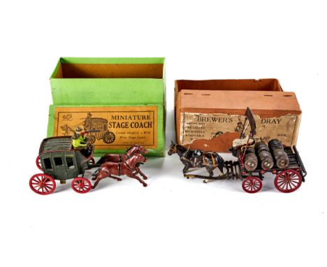 A JOHILLCO MINIATURE WILD WEST STAGE COACH, 6 ins long, original box and a British made BREWERS DRAY AND HORSE with ladder, d