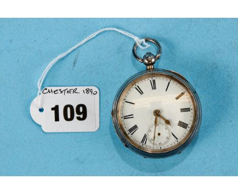 A VICTORIAN SILVER OPEN FACE KEYWIND POCKET WATCH, fusee movement, white enamel dial with subsidiary seconds, Chester 1890.  