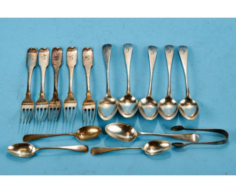 FIVE WILLIAM IV IRISH SILVER FIDDLE PATTERN DESSERT FORKS, maker: T&amp;W, Dublin 1831, five silver DESSERT SPOONS, maker: IL