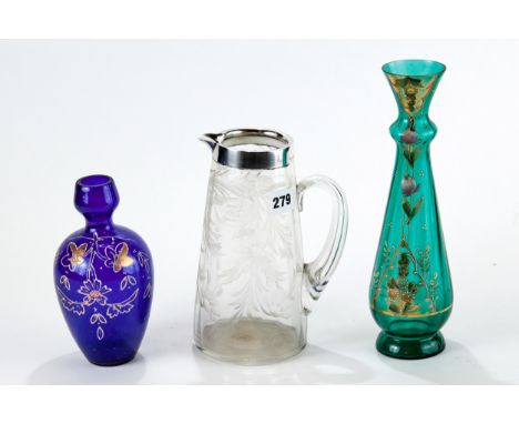 A GEORGE V SILVER MOUNTED GLASS LEMONADE JUG with wheel engraved floral decoration, Birmingham 1918,  8 1/4 ins high, a late 