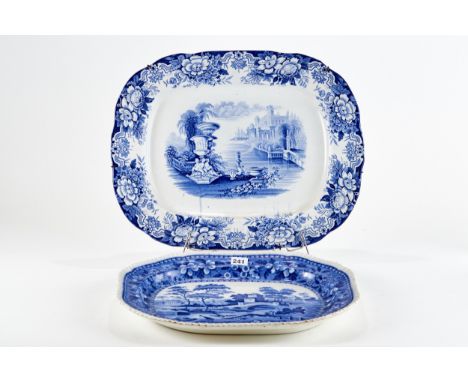 A 19TH CENTURY IRONSTONE CHINA BLUE AND WHITE TRANSFER DECORATED MEAT PLATE, classical view, 15 ins x 19 ins and a late 19th 