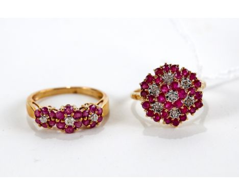 A 9CT YELLOW GOLD RUBY AND DIAMOND RING, size R, approximately 2.6 grams and a multi ruby and diamond RING (no hallmark), siz