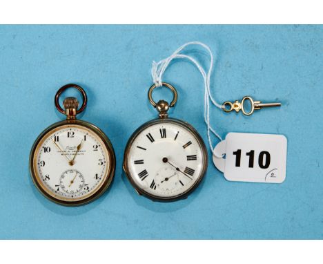 A LATE 19TH CENTURY OPEN FACED KEY WIND POCKET WATCH, white enamel dial and subsidiary seconds, stamped FINE SILVER (dial fau