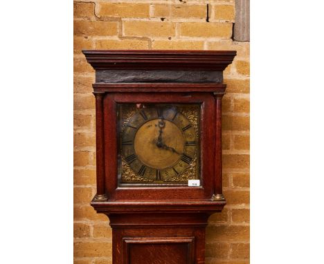 WM MAYHEW, WOODBRIDGE, AN 18TH CENTURY OAK LONGCASE CLOCK, 11 ins brass dial with 30 hour bird cage movement, the hood with i