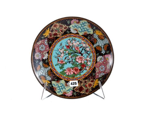 A LATE 19TH CENTURY JAPANESE CLOISONNE ENAMEL DISHED PLATE with a central turquoise roundel depicting birds on boughs, 12 ins