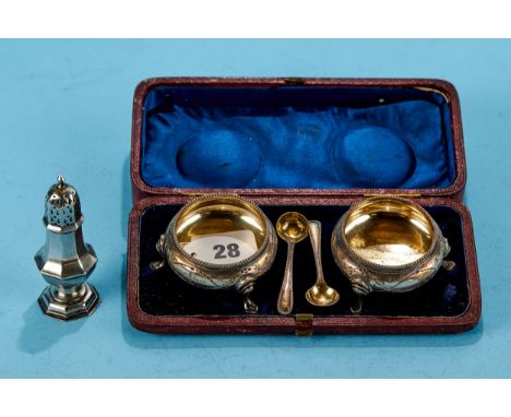 A PAIR OF VICTORIAN CIRCULAR SILVER SALT CELLARS, foliate engraved on cabriole legs with matching spoons, maker: HH, London 1