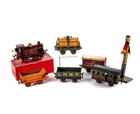 A HORNBY CLOCKWORK LMS 623 NO1 TANK LOCO with box, a cream UNITED DAIRIES MILK TANK WAGON, a maroon Jacobs &amp; Co, BISCUITS