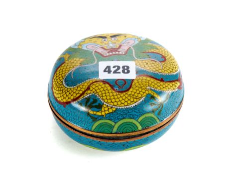 A LATE 19TH/EARLY 20TH CENTURY CHINESE CLOISONNE ENAMEL CIRCULAR BOX AND COVER, turquoise blue ground decorated with a five c