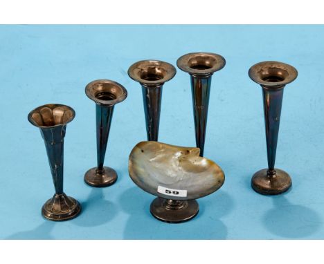 A GEORGE V MOTHER-O-PEARL SHELL FORM DISH raised on a silver pedestal foot, Chester 1911 and five various silver trumpet shap