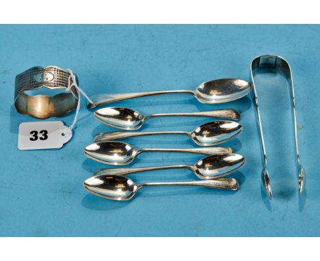 A PAIR OF VICTORIAN SILVER FIDDLE PATTERN SUGAR TONGS, maker:- BS, London 1840, six various silver TEASPOONS and a silver SER